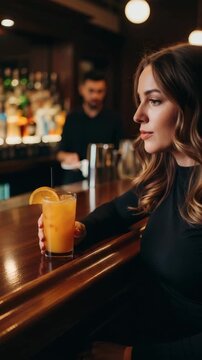 Pensive young woman with contemplative mood holding an orange cocktail at bar counter against warm nightlife background with copy space