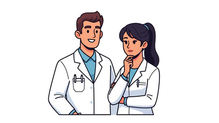 Medical professionals, a male and female doctor, standing together in a clinical environment, wearing white lab coats and stethoscopes, conveying a sense of collaboration and expertise