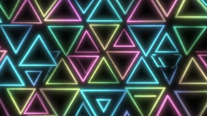 A dynamic neon geometric pattern featuring glowing triangles in multiple colors creating a vibrant, modern visual effect for digital and entertainment media. - Powered by Adobe