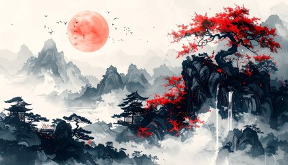 Serene Waterfall Landscape with Red Trees.