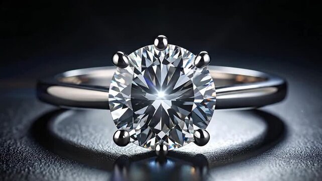 Elegant ring with a large clear gemstone and a metal band on a dark surface.