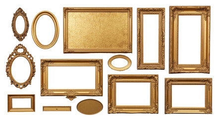 Golden Antique Frames: A collection of exquisite, gilded antique frames of various shapes and sizes, ready to adorn and showcase precious memories or artwork, adding a touch of elegance and history.