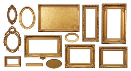 Golden Antique Frames: A collection of exquisite, gilded antique frames of various shapes and sizes, ready to adorn and showcase precious memories or artwork, adding a touch of elegance and history.