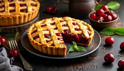 Delicious homemade cherry pie with lattice crust and fresh cherries.