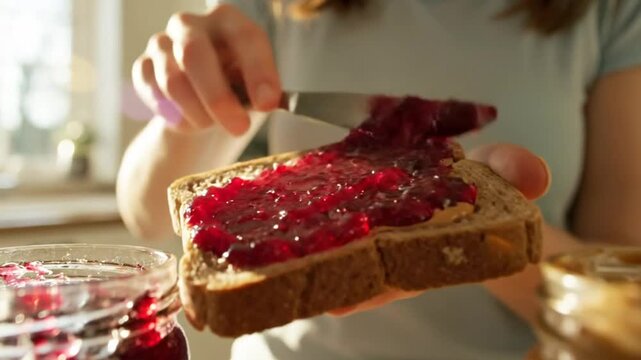 Spreading vibrant red fruit jelly on a slice of bread with a knife in a kitchen setting