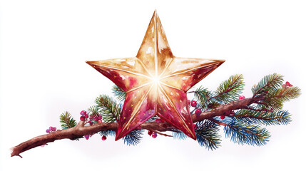 Glowing watercolor Christmas star illustration with festive fir branch and red berries on white, holiday season decoration