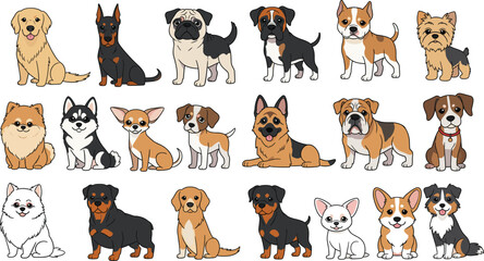 Large collection of cute dog breeds and puppy characters including golden retriever pug german shepherd and corgi. © MSTRazia