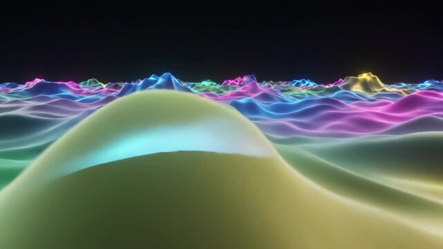 A dynamic digital landscape featuring vibrant neon peaks and valleys illuminated with captivating glow effects, creating a surreal and futuristic visual experience.