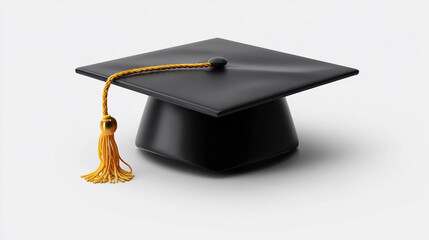Black graduation cap with gold tassel on a light background