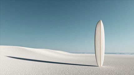 Surfboard stands alone on sandy beach under clear sky