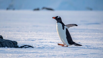Fototapeta premium Gentoo Penguin Strutting Across the Antarctic Ice Sheet.