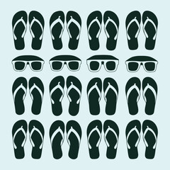 a collection of flip flops and sunglasses on a light blue background for summer vacation