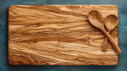 Wooden cutting board with spoons on blue background