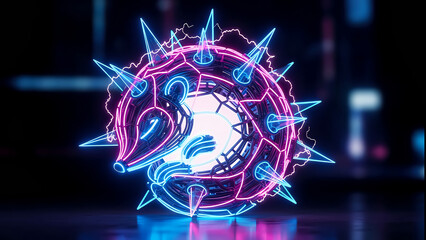Vibrant neon spiky orb with pink and blue lights in dark room