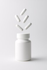 A white pill bottle with five white pills inside
