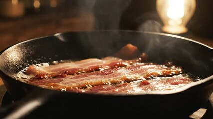 Crispy bacon sizzling in a cast iron pan releasing steam during breakfast preparation with ambient warm light