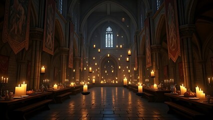 Obraz premium Mystical Halloween Background in a Grand Medieval Great Hall, Adorned with Hundreds of Glowing Candles and Festive Banners, Creating an Atmospheric Spooky Setting