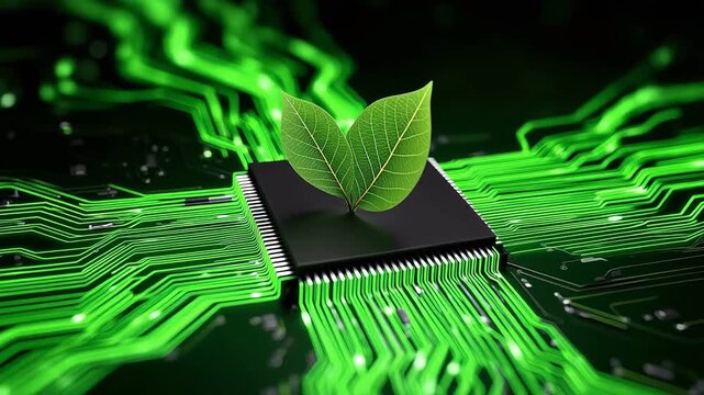 A green leaf growing from a microchip on a glowing circuit board, symbolizing technology and nature integration.
