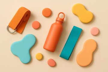 A colorful assortment of items including a water bottle, a yoga strap
