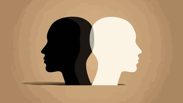 A split illustration of a person's head in black and white, representing contrasting emotions and thoughts.