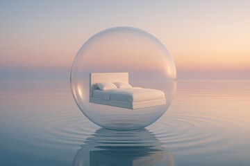 A bed is floating in a bubble of water