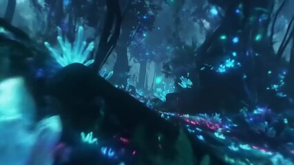 Mystical Glowing Forest with Bioluminescent Plants in Dreamy Blue Tones Scene