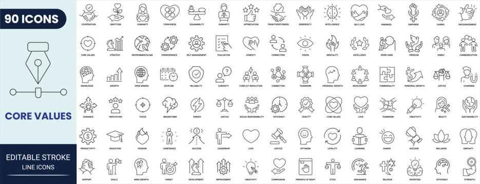 Core values line icon set. Includes teamwork, efficiency, productivity, love, friendship, success and more. Editable stroke. Vector illustration.	