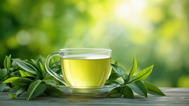A steaming cup of green tea on a wooden surface surrounded by fresh leaves, set against a blurred natural green background.
