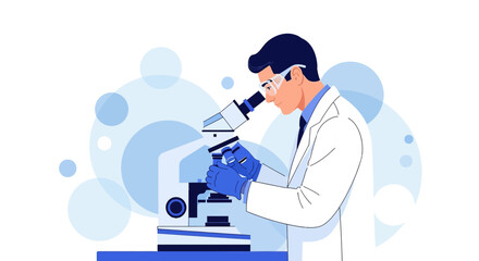 Scientist conducting research with a microscope in a laboratory illustration