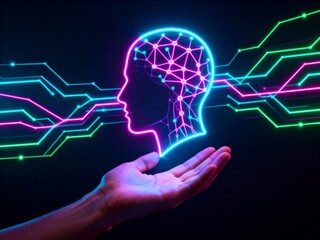 Human hand presenting a glowing neon digital brain outline, surrounded by abstract circuit lines representing artificial intelligence, data, and technology on a dark background.