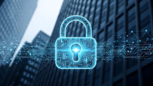 A glowing blue padlock with a cityscape background represents secure technology and modern urban life. - Powered by Adobe