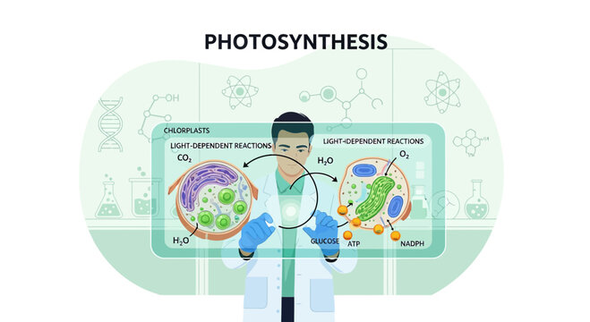 Scientist Explaining Photosynthesis Process with Chloroplasts Diagram and Light Reactions