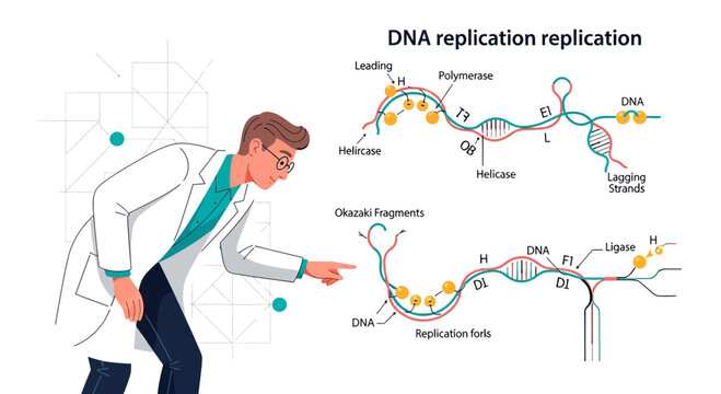 Scientist explaining the intricate process of dna replication with detailed schematic diagram