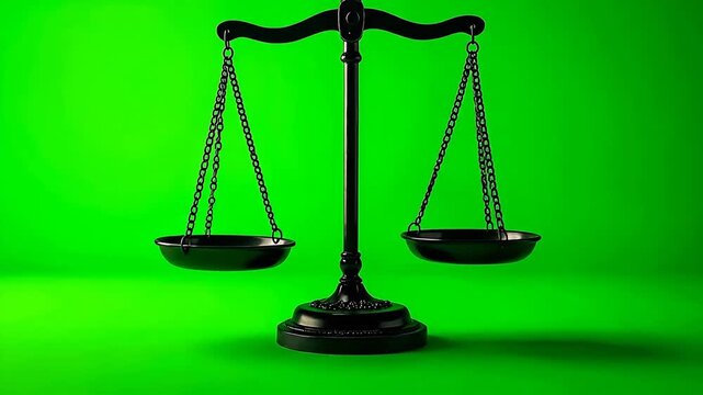 Symmetrical balance scale with two pans hangs against a vibrant green backdrop.