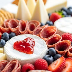 Heart-shaped prosciutto on cheese platter with fresh berries and pasta