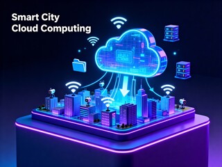 Digital smart city cloud computing network connecting urban infrastructure with futuristic data flow.