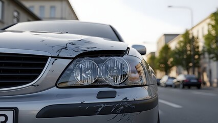 Fototapeta premium Damaged silver car with cracked windshield and headlight on city street