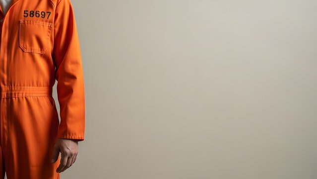 Prisoner in orange jumpsuit with identification number on gray background