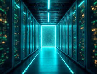 Futuristic data center corridor illuminated with glowing neon lights and server racks, creating a deep perspective.