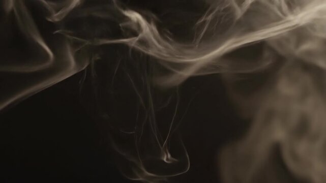 A captivating video capturing graceful wisps of smoke swirling dynamically against a dark background, creating mesmerizing abstract patterns and atmospheric visuals.