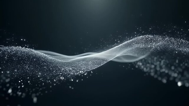 A cinematic and mysterious wave of sparkling silver particles flowing and pulsating against a dark background, creating an elegant abstract atmosphere.