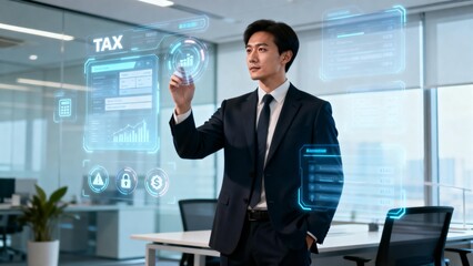 Businessman interacting with digital tax interface