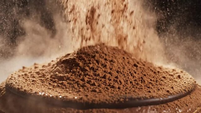 Chocolate powder cascading onto rich chocolate dessert with a dark background for culinary delight