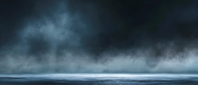 Dark fog background over water panorama moody mist cloud fantasy night surreal mysterious atmospheric seascape digital art scene with soft light reflection and depth