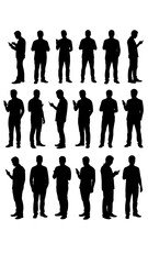A collection of black silhouettes of men in various poses on a white background