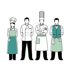 A group of restaurant staff including chefs and waiters standing together in a line.
