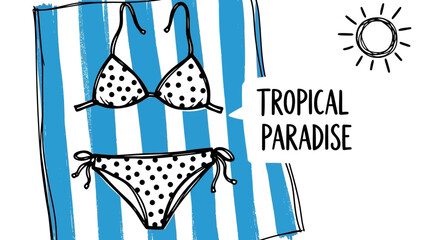 A cartoon illustration of a bikini on a beach towel with a tropical paradise theme