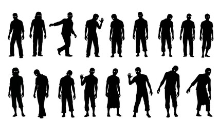 A collection of black silhouettes of men in various poses on a white background