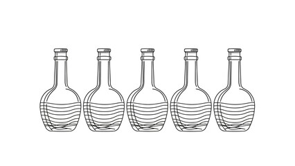 A line drawing of five empty glass bottles with corks on a white background