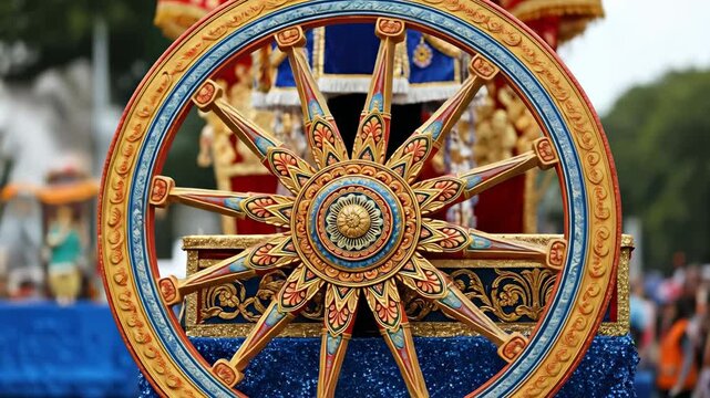 Intricate Decorative Wheel of a Traditional Festival Chariot Displaying Vibrant Colors and Detailed Artistry in an Outdoor Setting